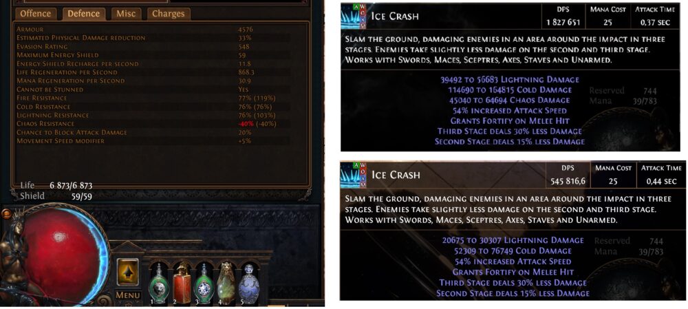 Statistiques et dégats Templar Inquisitor Ice Crash Path of Exile 3.13